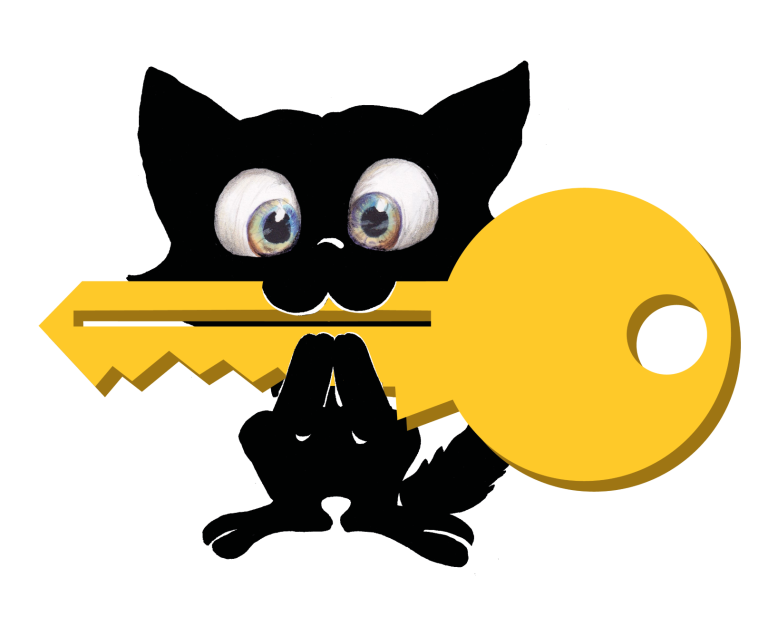 Logobild Schlüssel Schalk Schwarzer Fuchs hält einen großen gelben Schlüssel mit großen Augen.