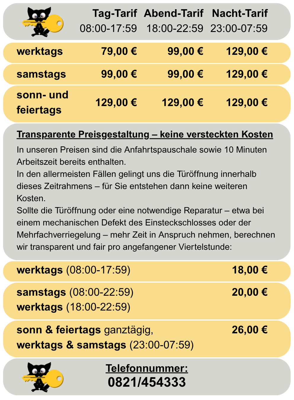 Preisliste Türöffnung von Schlüssel Schalk Augsburg. 
Ein Schlüsseldienst muss nicht teuer sein, nur ehrlich.